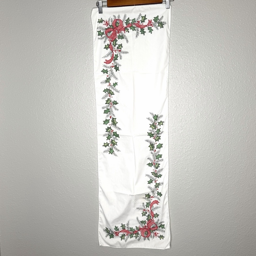 VTG Hand Cross Stitch Christmas‎ Table Runner Holly Berries Ribbon Holiday 14x43